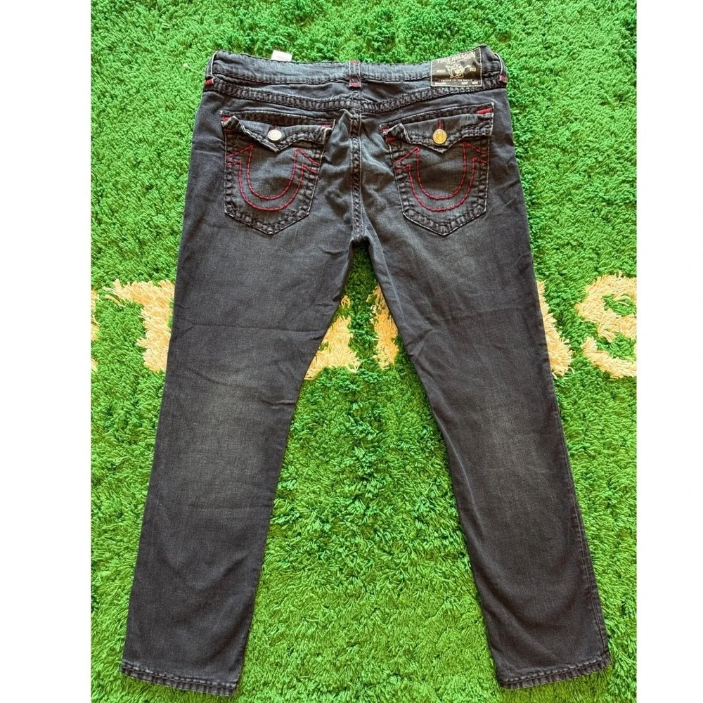 True Religion Geno Jeans Mens 42 Black Excellent Red Stitch Straight Leg Denim